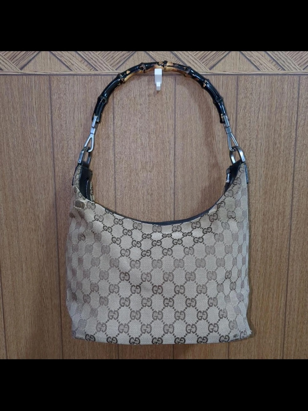 Gucci Beige Monogram Shoulder Bag with Bamboo-Style Handle